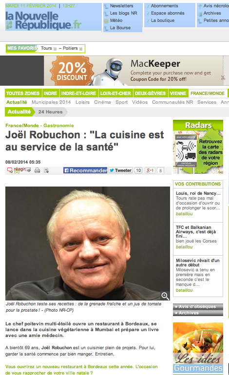 Entretien de Joël Robuchon à La Nouvelle République (capture d'écran)