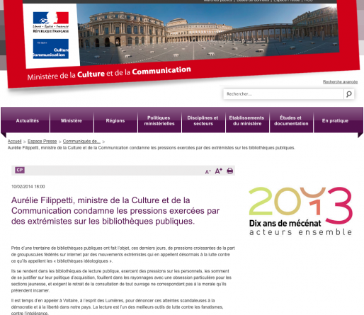 Le communiqué sur le site du ministère de la Culture et de la Communication (capture écran)