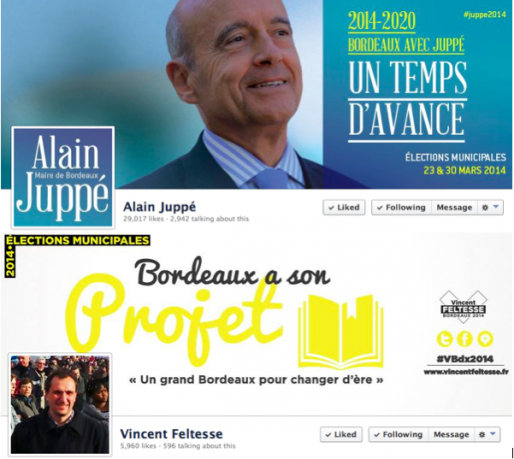 Sur sa page Facebook, Alain Juppé a bien un temps d'avance en nombre de fans : 29000 contre 6000 pour Vincent Feltesse, qui met, lui, davantage l'accent sur son projet. (captures d'écrans)