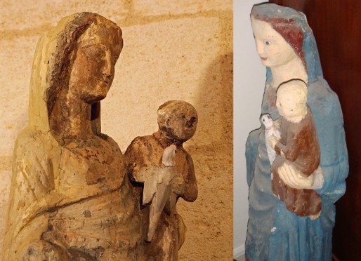Vierge à l'Enfant et à la Colombe, église Saint Martin à Eysines. A droite la statue telle qu'elle était couverte d'enduit (DR)