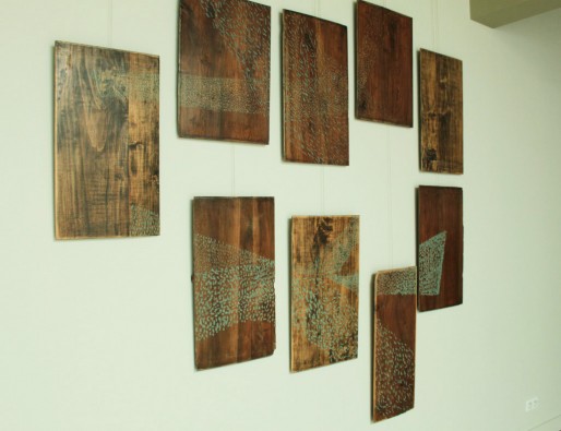 « Maderas » : 9 panneaux de dimensions variables en bois ciré et lustré, pastel sec non fixé (DR)