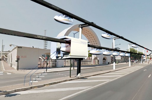 Montage du SkyTran devant le stade Chaban-Delmas. Un réseau que l'on imagine au milieu des voies pour ne pas devoir couper les arbres ! (Rue89 Bordeaux)