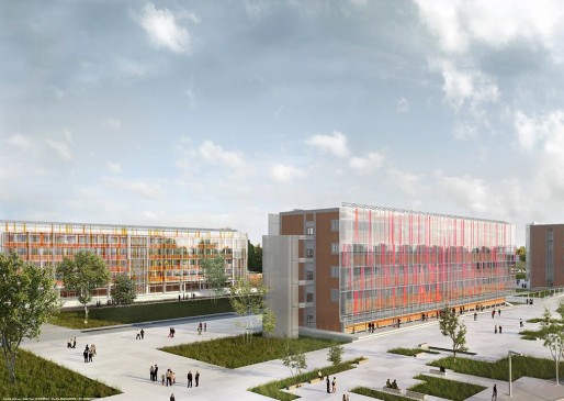 Certains bâtiments "vieux rose" du campus de sciences vont être dotés d'une façade bioclimatique en verre (©AUA Paul Chemetov-Martin Duplantier-DV Construction)