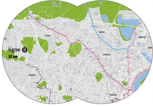 Les tracés de la ligne D du tramway (en rose) et du tram-train (en bleu) (CUB)