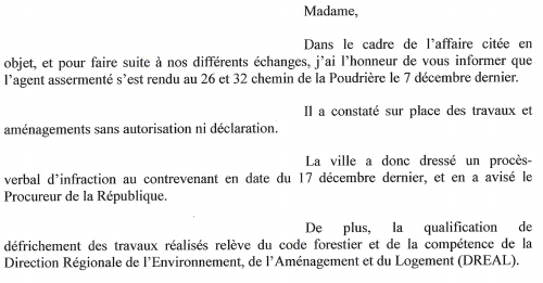 Courrier de la Mairie de Mérignac adressé à l’association de riverains en février 2013