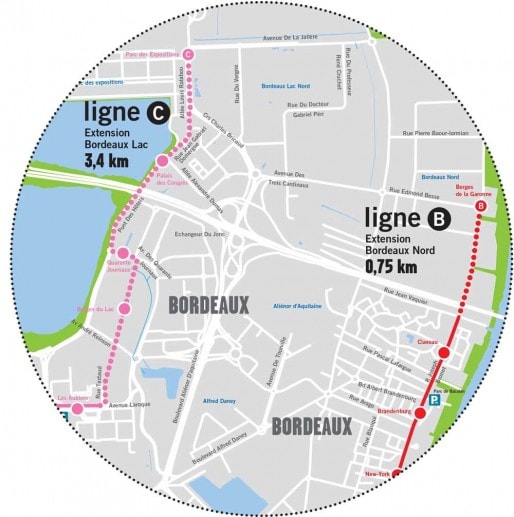 L'extension de la ligne C du tramway (Carte Bordeaux Métropole)