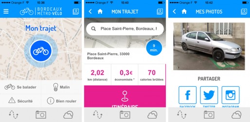 Captures écran de l'appli Bordeaux Métro Vélo (BMV). Dans la rubrique photos partagées, les utilisateurs ne manquent pas de dénoncer les voitures garées sur les pistes cyclables (DR).