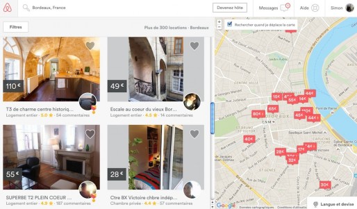 Des offres de locations proposées par Airbnb à Bordeaux (capture d'écran).