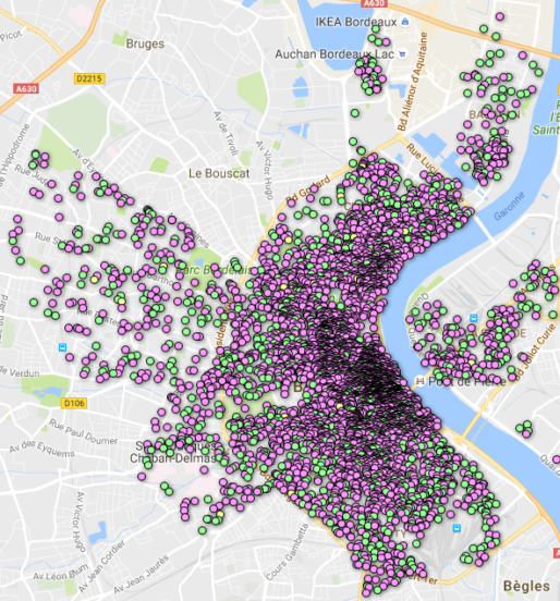Carte bordelaise des offres Airbnb (Capture d'écran/Observatoire Airbnb)