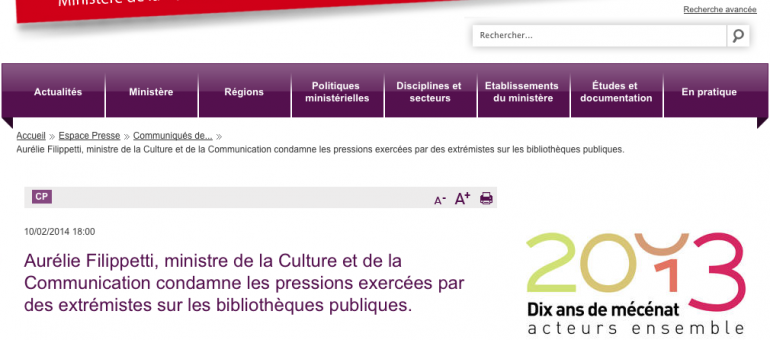 Filippetti condamne les pressions de la droite exercées sur les bibliothèques