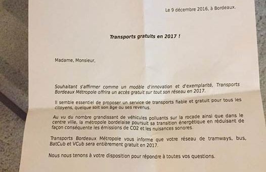 Un tract annonce les transports gratuits pour 2017, TBM porte plainte