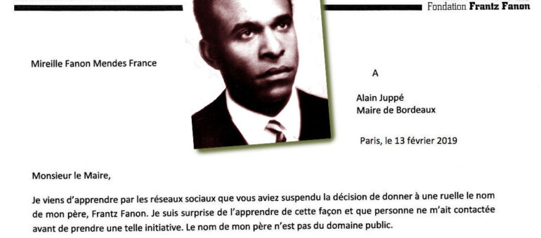 Mireille Fanon-Mendès-France refuse que le nom de son père Frantz Fanon « soit associé à l’histoire coloniale de Bordeaux »