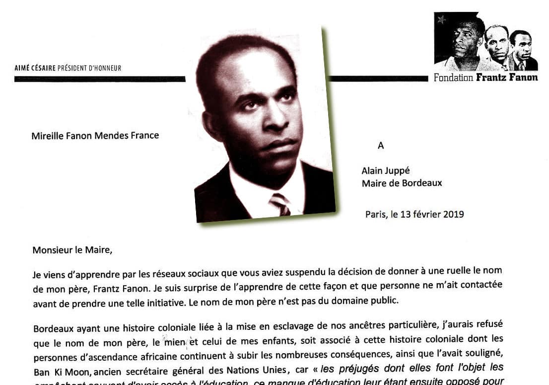 Mireille Fanon-Mendès-France refuse que le nom de son père Frantz Fanon « soit associé à l’histoire coloniale de Bordeaux »